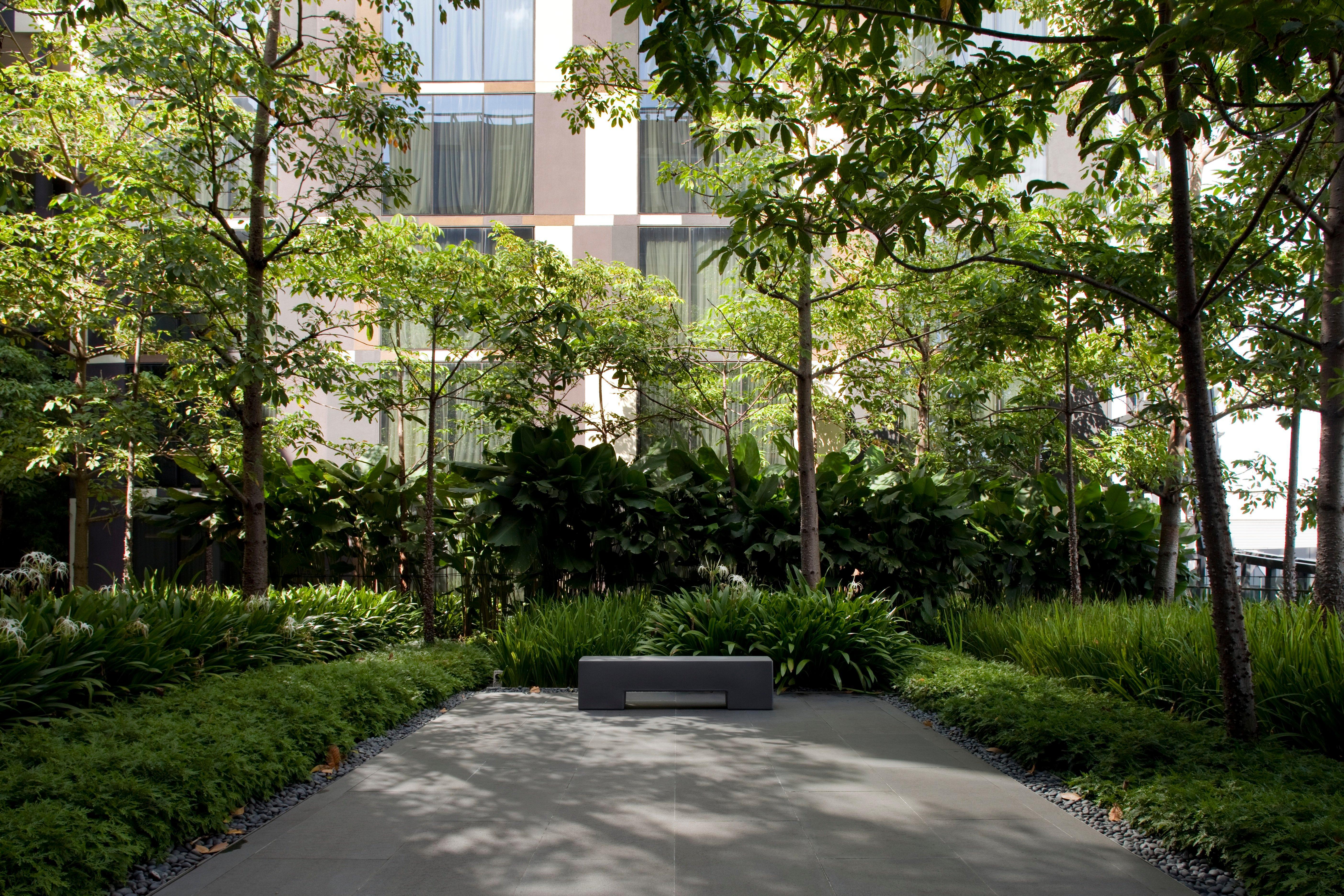 Crowne Plaza Changi Airport By Ihg Singapore Exterior foto The photo shows a landscaped area featuring several trees and lush greenery. In the foreground, there is a smooth, paved surface with a minimalist bench. Surrounding the bench are various plants and grasses, creating a serene and inviting atmosphere.